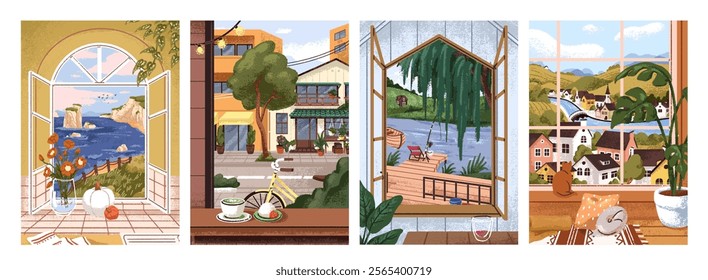 Views from open windows, cards set. Nature and city landscapes from inside cozy home rooms. Flower vase, coffee, cat on windowsill, sea and town scenery outside, postcards. Flat vector illustrations