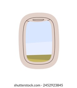 Views outside plane window, skyscape at vacation journey by airliner, airplane cabin during air flight, trip landscape, sky view through porthole in air plane flat vector illustration.