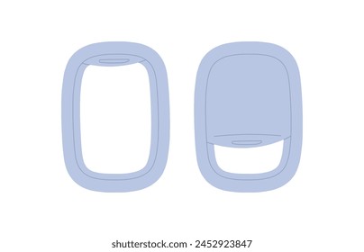 Views outside plane window, skyscape at vacation journey by airliner, airplane cabin during air flight, trip landscape, sky view through porthole in air plane flat vector illustration.