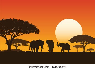 Views of savanna and elephants in the african national park. Vector illustration isolated. eps