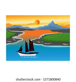 views of the sea and mountains at dusk, pictures created with adobe illustrations .