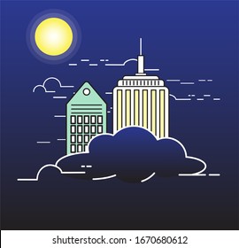Views of skyscrapers soaring through the clouds at night, with bright moonlight