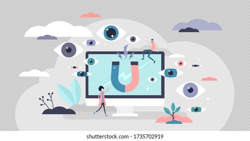 Views vector illustration. Attract blog audience flat tiny persons concept. Social media platform channel viewers subscription and engagement attraction to growth website popularity and visitor number