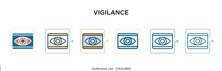 Vigilance vector icon in 6 different modern styles. Black, two colored vigilance icons designed in filled, outline, line and stroke style. Vector illustration can be used for web, mobile, ui