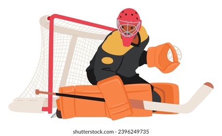 Vigilant Hockey Goalkeeper Guards The Net With Determination, Clad In Protective Gear, Poised To Block Shots. The Intensity In his Eyes Reflects Unwavering Focus On Game. Cartoon Vector Illustration