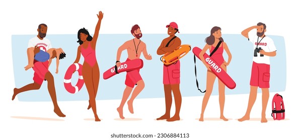 Vigilant Lifeguard Characters Patrolling Sandy Shores, Ensuring Safety For Beachgoers, Watching For Potential Dangers, And Responding Swiftly In Emergencies. Cartoon People Vector Illustration