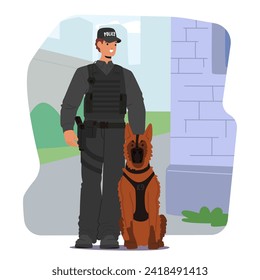 Vigilant Police Officer Character And Trained Dog Partner Form An Inseparable Team, Ensuring Public Safety Through Keen Instincts, Agility And Unwavering Dedication To Law Enforcement, Vector