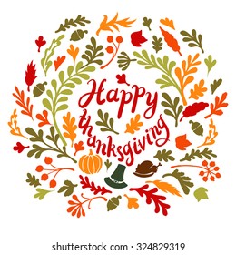 Vignette of autumn leaves . Autumn, leaves, includes text Happy thanksgiving Vector illustration