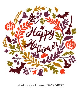 Vignette of autumn leaves with pumpkin . Autumn, leaves, includes text Happy Halloween Vector illustration