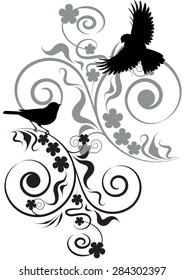 Vignette with birds and flowers