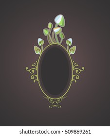 Vignette for the book on poisonous mushrooms. Oval frame, grebes group and stylized mycelium. Ornament with curls.