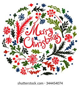 Vignette of vignette of branches and Christmas tree branches, includes text Merry Christmas 