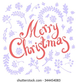 Vignette of vignette of branches and Christmas tree branches, includes text Merry Christmas 