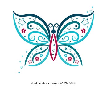 Vignette butterfly with flowers in blue and pink colours, vector
