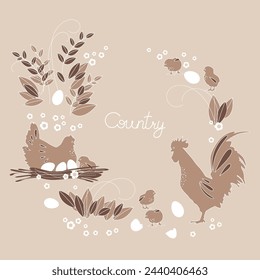 Viñeta con pollitos, gallinas, gallos, huevos y flores y la inscripción "Country"