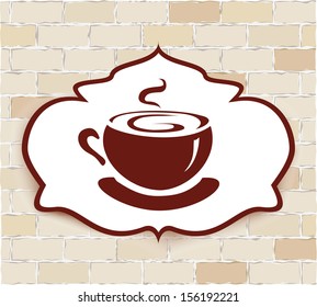  vignette with a cup of coffee on a brick wall. vector illustration