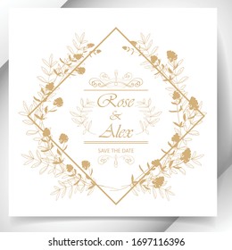 Vignette. Diamond-shaped floral frame with a gold outline of decorative herbs on a champagne color background. Registration of wedding invitations, congratulations, cards.

