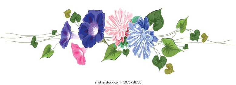 vignette garland horizontal straight. Of flowers, leaves and curly stems-aster, vine, ivy, green, pink, blue on a white background in vector, isolated