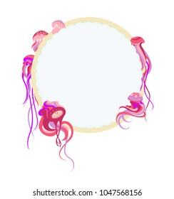 Vignette with jellyfish on a white background. Lilac jellyfish are arranged in a circle. A fantastic character in a spacesuit with a smiling face. Plastic interlaced lines. Decoration on the subject o