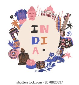 Vignette with national Indian elements and Sights mehendi, Buddha, festival elephant, sitar, paper lanterns, Taj Mahal, tea, lotus, Hamsa hand, Triumphal Arch. Flat style Vector illustration