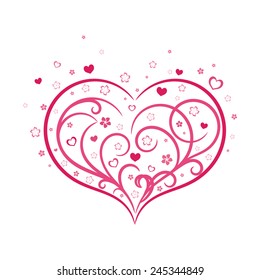 Vignette pink heart with flowers. Love illustration for Valentines day or wedding.