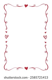 Vignette rectangle frame with hearts. Vector EPS template. Ornate decorative hand drawn line illustration. Whimsical vintage swirls for festive invitation, greeting postcard, gift certificate, card.