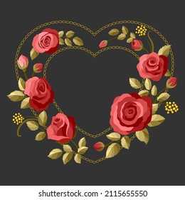 Vignette of roses in the shape of a heart. Isolated vector floral elements on the dark background. For Valentine's Day. For postcards, banners, social networks, posters, covers, invitations.