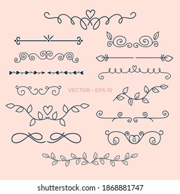 Vignettes set. Floral ornamental doodle dividers, vintage hand drawn arrow and calligraphic decor border set. decorative branches and elegant curls. set vector doodles.