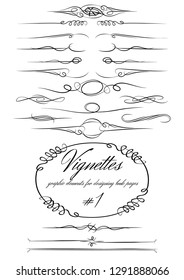 Vignettes. Set of graphic elements for designing book pages. Vector illustration