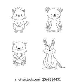 Vignetting Set of Cute Fox Koala Bear Kangaroo Doodle Cartoon Character