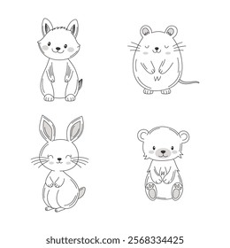 Vignetting Set of Cute Fox Rabbit Mouse Hamster Doodle Cartoon Character