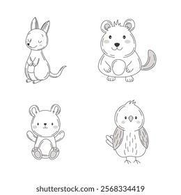 Vignetting Set of Cute Kangaroo Mouse Bear Owl Bird Doodle Cartoon Character