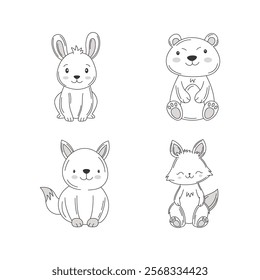 Vignetting Set of Cute Rabbit Bear Fox Doodle Cartoon Character