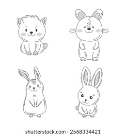 Vignetting Set of Cute Rabbit Cat Doodle Cartoon Character