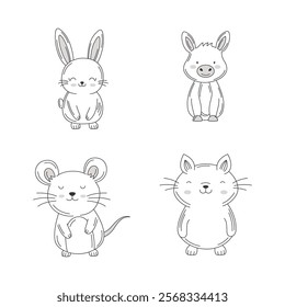 Vignetting Set of Cute Rabbit Pig Mouse Cat Doodle Cartoon Character