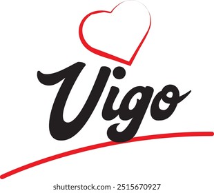 Vigo city text design with red heart typographic icon design suitable for touristic promotion