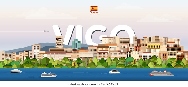 Vigo cityscape colorful vector illustration with big city name on the background. Travel trendy poster