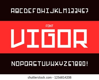 Vigor font. Vector alphabet letters and numbers. Typeface design. 