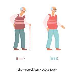 Vigorous energetic and tired exhausted old man cartoon character. Elderly male before and after treatment or rest, flat vector illustration isolated on white background.