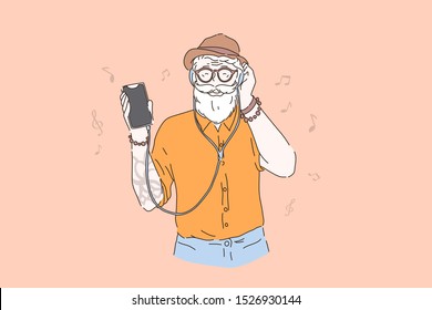 Vigorous Old Age, Young In Heart Elderly Person Concept. Old Hipster Listening To Music, Stylish Bearded Man In Hat And Headphones Holding Smartphone. Simple Flat Vector