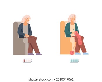 Vigorous and tired exhausted elderly woman with battery power level indicator. Elderly lady before and after rest, flat vector illustration isolated on white background.