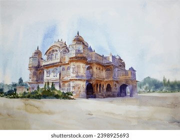 Vijaya Vilas Palace Hand Painted in Watercolor, Mandvi, Gujarat