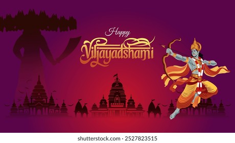 Saudação de Vijayadashami representando o Senhor Rama como um guerreiro desenhando seu arco com uma silhueta de Ravana de dez cabeças no fundo Texto Feliz Vijayadashami no topo