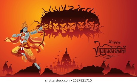 Saludo de Vijayadashami presentando a Lord Rama como un guerrero dibujando su arco con una silueta de las diez cabezas de Ravana en el fondo Texto Feliz Vijayadashami en la parte superior