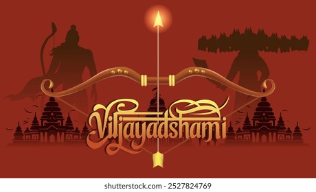 Saludo de Vijayadashami presentando al Señor Rama como un guerrero con un arco silueteado contra Ravana y un horizonte de la ciudad Texto Vijayadashami en la parte inferior celebra el triunfo del bien sobre el mal

