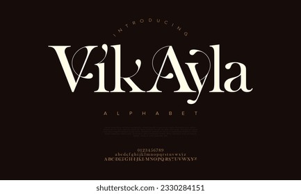 Vikayla premium luxury elegant alphabet letters and numbers. Elegant wedding typography classic serif font decorative vintage retro. Creative vector illustration
