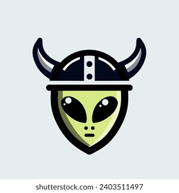 Viking alien logo vector, This logo is a combination of a green alien head with a viking helmet with horns on it 