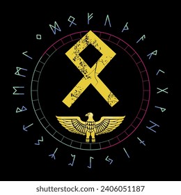 Viking alphabet t-shirt design with a golden bird. Runic letter called Othila that represents abundance.