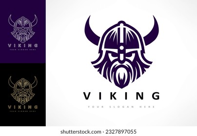 Viking and anchor logo. Scandinavian sailors symbol. Nordic warrior design. Horned Norseman symbol. Barbarian man head icon with horn helmet and beard. 