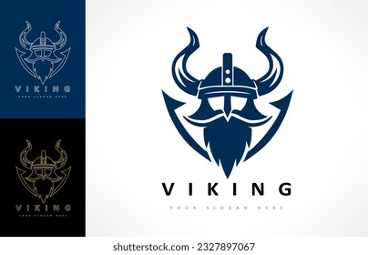 Viking and anchor logo. Scandinavian sailors symbol. Nordic warrior design. Horned Norseman symbol. Barbarian man head icon with horn helmet and beard. 